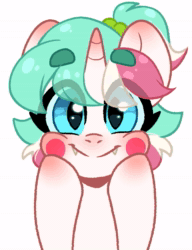 Size: 755x981 | Tagged: safe, artist:cottonsweets, imported from derpibooru, oc, oc only, oc:cottonsweets, candy pony, cat, cat pony, food pony, original species, pony, unicorn, :p, animated, blepping, blush sticker, blushing, cute, female, gif, gift art, mare, simple background, solo, tongue out, transparent background, wide eyes