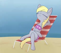 Size: 1665x1431 | Tagged: safe, artist:dusthiel, imported from derpibooru, derpy hooves, pony, atg 2020, beach, beach chair, bikini, chair, clothes, cute, derpabetes, eyes closed, female, mare, newbie artist training grounds, outdoors, reclining, solo, swimsuit, water