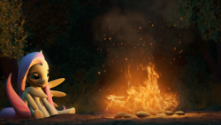 Size: 3840x2160 | Tagged: safe, artist:freasaloz, imported from derpibooru, fluttershy, pony, 3d, campfire, female, fire, night, solo, source filmmaker