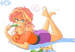 Size: 1000x700 | Tagged: safe, artist:sozglitch, imported from derpibooru, ray, sunset shimmer, gecko, leopard gecko, equestria girls, barefoot, bedroom eyes, big breasts, blushing, breasts, busty sunset shimmer, cleavage, clothes, crossed legs, feet, female, humans doing horse things, looking down, lying down, sunset wants her old digestive system back, the pose