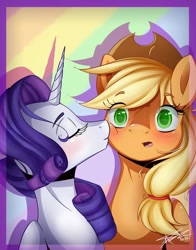 Size: 1024x1304 | Tagged: safe, artist:mindlesssketching, imported from derpibooru, applejack, rarity, earth pony, pony, unicorn, blushing, cheek kiss, cute, duo, female, jackabetes, kissing, lesbian, mare, rarijack, shipping, squishy cheeks, surprise kiss