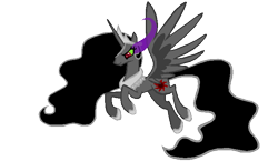 Size: 689x400 | Tagged: safe, artist:hootytoot, imported from derpibooru, princess celestia, alicorn, pony, alternate universe, clothes, color change, correstia, corrupted, corrupted celestia, corruptia, dark celestia, dark equestria, dark magic, dark princess, dark world, darkened coat, darkened hair, darklestia, evil celestia, female, jewelry, magic, necklace, possessed, possesstia, regalia, shoes, simple background, solo, sombra eyes, story included, tiara, transparent background