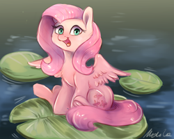 Size: 2500x2000 | Tagged: safe, artist:buttersprinkle, imported from derpibooru, fluttershy, pegasus, pony, chest fluff, cute, daaaaaaaaaaaw, female, high res, lake, lilypad, open mouth, pond, shyabetes, sitting, solo, tiny, tiny ponies