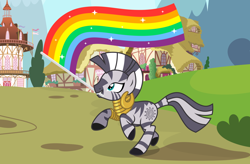 Size: 3800x2500 | Tagged: safe, artist:oyks, imported from derpibooru, zecora, pony, zebra, bracelet, commission, cute, ear piercing, earring, female, gay pride flag, jewelry, lgbt, lgbt flag, lgbt headcanon, mouth hold, neck rings, piercing, pride, pride flag, pride month, rainbow flag, raised hoof, raised leg, running, solo, ych result, zecorable