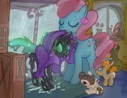 Size: 2000x1540 | Tagged: safe, artist:mandumustbasukanemen, imported from derpibooru, cup cake, pound cake, pumpkin cake, changeling, earth pony, pegasus, pony, unicorn, foal, green changeling, rain, towel, wet