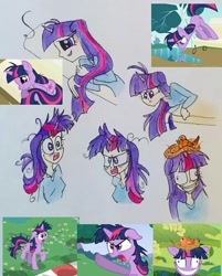 Size: 539x670 | Tagged: safe, artist:lunaart, imported from derpibooru, screencap, twilight sparkle, bird, human, pony, unicorn, lesson zero, bench, bird nest, floppy ears, hug, humanized, messy mane, nest, reflection, scene interpretation, tail hug, twilight snapple, unicorn twilight