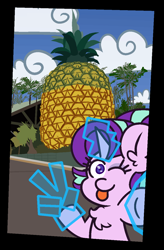 Size: 841x1279 | Tagged: safe, artist:threetwotwo32232, imported from derpibooru, starlight glimmer, pony, unicorn, female, food, hand, magic, magic hands, mare, newbie artist training grounds, phone, photo, pineapple, the big pineapple