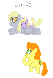 Size: 1280x1865 | Tagged: safe, artist:horroraceman93, imported from derpibooru, carrot top, derpy hooves, dinky hooves, golden harvest, earth pony, pegasus, pony, unicorn, cutie mark, derp, derpytop, dinky riding derpy, female, filly, flying, lesbian, mare, mother and daughter, ponies riding ponies, pride month, riding, shipping, sleeping