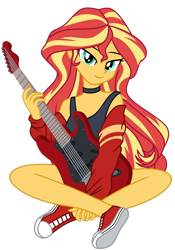 Size: 1024x1463 | Tagged: safe, artist:emeraldblast63, artist:racoonsan, edit, imported from derpibooru, sunset shimmer, equestria girls, boots, clothes, converse, female, gloves, guitar, motorcross, musical instrument, shoes, simple background, solo, trace, transparent background