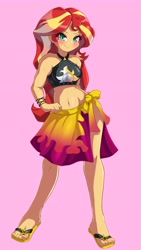 Size: 2315x4096 | Tagged: safe, artist:nin10ja, imported from derpibooru, sunset shimmer, human, equestria girls, equestria girls series, belly button, bikini, blushing, clothes, cute, feet, female, flip-flops, high res, humanized, looking at you, midriff, sandals, sarong, shimmerbetes, solo, summer sunset, swimsuit, toes