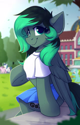 Size: 1350x2100 | Tagged: safe, artist:shadowreindeer, imported from derpibooru, lyra heartstrings, princess cadance, shining armor, oc, oc only, oc:lunar thunder, pegasus, clothes, commission, cute, cutie mark, looking at you, skirt, wings, your character here