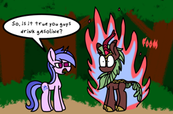 Size: 1000x665 | Tagged: safe, artist:rainbowbacon, imported from derpibooru, cinder glow, sea swirl, seafoam, summer flare, kirin, pony, unicorn, background kirin, background pony, female, fire, forest background, mare, nirik fire, this ended in fire, tree
