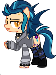 Size: 5000x6606 | Tagged: safe, artist:n0kkun, imported from derpibooru, indigo zap, bat pony, pony, bat ponified, bedroom eyes, boots, choker, clothes, commission, ear piercing, earring, equestria girls ponified, eyebrow piercing, fangs, female, grin, hoodie, jewelry, mare, piercing, ponified, race swap, raised hoof, shoes, simple background, smiling, socks, solo, spiked choker, spiked wristband, striped socks, tattoo, transparent background, wristband