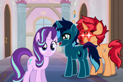 Size: 2532x1701 | Tagged: safe, artist:stellardusk, imported from derpibooru, starlight glimmer, oc, oc:evenstar gleam, oc:stellar dusk, unicorn, distracted boyfriend meme, meme, notice me senpai, starry eyes, wingding eyes