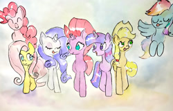 Size: 2000x1283 | Tagged: safe, artist:mandumustbasukanemen, imported from derpibooru, applejack, fluttershy, pinkie pie, rainbow dash, rarity, tempest shadow, twilight sparkle, earth pony, pegasus, pony, unicorn, atg 2020, female, flying, group, mane six, mare, newbie artist training grounds, traditional art