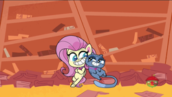 Size: 1280x720 | Tagged: safe, imported from derpibooru, screencap, bubbles (cat), fluttershy, cat, pegasus, pony, cute-pocalypse meow, my little pony: pony life, spoiler:pony life s01e03, bubbles cherub mcsquee, g4.5