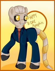 Size: 1280x1660 | Tagged: safe, artist:appleneedle, imported from derpibooru, oc, oc only, oc:apophis, earth pony, pony, snake, art, birthday, character, clothes, digital, draw, drawing, egyptian pony, fanart, present, suit