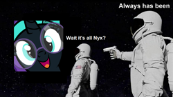 Size: 1280x720 | Tagged: safe, imported from derpibooru, oc, oc:nyx, alicorn, human, alicorn oc, always has been, astronaut, gun, horn, imminent death, imminent murder, meme, nyxposting, predicting the future, shitposting, space, spacesuit, wait it's all ohio, weapon, wings