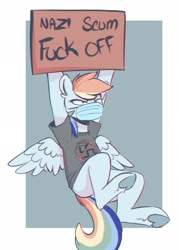 Size: 1463x2048 | Tagged: safe, artist:elijah, imported from derpibooru, rainbow dash, pegasus, semi-anthro, angry, clothes, comments locked down, face mask, flying, hoof hold, mask, mouthpiece, nazi, politics, shirt, solo, swastika, t-shirt, underhoof, vulgar