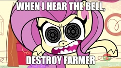 Size: 888x499 | Tagged: safe, edit, edited screencap, imported from derpibooru, screencap, fluttershy, pony, cute-pocalypse meow, my little pony: pony life, spoiler:pony life s01e03, angry, back at the barnyard, caption, female, g4.5, hypno a go-go, image macro, implied murder, solo, text, treehouse logo