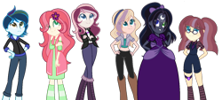 Size: 1386x626 | Tagged: safe, artist:astral-sunlight, artist:malachitebases, imported from derpibooru, oc, oc only, oc:andromeda, oc:angelina, oc:astral sunlight, oc:aurora, oc:brave night, oc:magical harmony, equestria girls, base used, boots, clothes, crossed arms, dress, eye clipping through hair, female, females only, flower, flower in hair, freckles, glasses, hairband, hand on hip, heterochromia, magical lesbian spawn, midriff, necktie, next generation, off shoulder, offspring, pants, parent:applejack, parent:big macintosh, parent:flash sentry, parent:fluttershy, parent:king sombra, parent:princess luna, parent:rainbow dash, parent:rarity, parent:soarin', parent:sunburst, parent:sunset shimmer, parent:sunstone (g4 r63 sunburst), parent:twilight sparkle, parents:flashburst, parents:fluttermac, parents:lumbra, parents:rarijack, parents:soarindash, parents:sunsetsparkle, shirt, shoes, shorts, simple background, socks, striped socks, transparent background