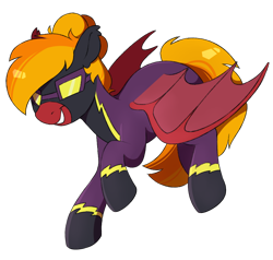 Size: 1000x950 | Tagged: safe, artist:crimmharmony, imported from derpibooru, oc, oc only, oc:moonatik, bat pony, pony, art trade, bat pony oc, bat wings, clothes, costume, flying, goggles, hair bun, male, mane bun, raised hoof, shadowbolts, shadowbolts costume, simple background, smiling, solo, stallion, transparent background, wings