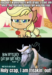 Size: 996x1437 | Tagged: safe, edit, edited screencap, imported from derpibooru, screencap, applejack, earth pony, horse, pony, how applejack got her hat back, my little pony: pony life, spoiler:pony life s01e04, apple, applejack is not amused, caption, crying, family guy, female, food, g4.5, hoers, image macro, implied drug use, mare, monochrome, narrowed eyes, realistic, solo, text, title card, treehouse logo, unamused