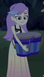 Size: 398x690 | Tagged: safe, imported from derpibooru, screencap, snow flower, equestria girls, equestria girls series, sunset's backstage pass!, spoiler:eqg series (season 2), bongos, clothes, cropped, drums, female, long skirt, musical instrument, skirt, sleeveless, solo, tanktop