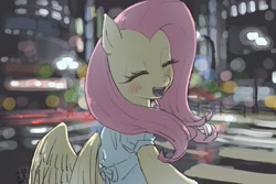 Size: 1800x1200 | Tagged: safe, artist:yanamosuda, imported from derpibooru, fluttershy, pegasus, pony, blurry background, blushing, city, cityscape, clothes, cute, date, dress, eyes closed, female, happy, looking at you, looking back, looking back at you, mare, offscreen character, open mouth, outdoors, pov, shyabetes, smiling, solo, speedpaint available, street, wings