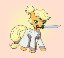 Size: 1100x1000 | Tagged: safe, artist:mew-me, imported from derpibooru, applejack, clothes, cosplay, costume, katana, mouth hold, samurai applejack, samurai jack, sword, weapon