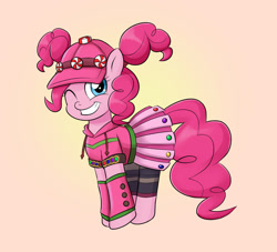 Size: 1100x1000 | Tagged: safe, artist:mew-me, imported from derpibooru, pinkie pie, earth pony, alternate hairstyle, candy, cap, clothes, cosplay, costume, food, fortnite, grin, hat, one eye closed, smiling, solo, wink, zoey