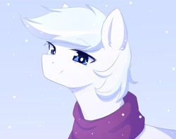 Size: 3809x3000 | Tagged: safe, artist:fluffymaiden, imported from derpibooru, double diamond, earth pony, pony, blue background, bust, clothes, cute, double dawwmond, high res, looking at you, male, portrait, scarf, simple background, smiling, snow, solo, stallion, winter