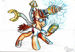 Size: 2470x1706 | Tagged: safe, artist:bomzzzik, imported from derpibooru, doctor whooves, time turner, earth pony, pony, augmented, clothes, goggles, grin, hooves, mad doctor whooves, male, signature, simple background, smiling, solo, stallion, traditional art, white background