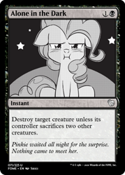 Size: 375x523 | Tagged: safe, artist:nekoshiei, edit, imported from derpibooru, pinkie pie, pony, my little pony: the manga, ccg, female, magic the gathering, monochrome, puffy cheeks, solo, stars, trading card, trading card edit