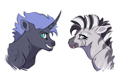 Size: 4000x2622 | Tagged: safe, artist:venommocity, imported from derpibooru, oc, oc:panther, oc:zena, pony, unicorn, zebra, bust, offspring, parent:king sombra, parent:princess luna, parents:lumbra, portrait, simple background, white background