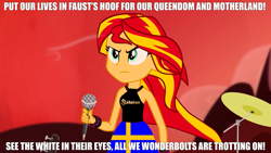 Size: 1280x720 | Tagged: safe, edit, edited edit, edited screencap, imported from derpibooru, screencap, sunset shimmer, human, equestria girls, rainbow rocks, 1000 hours in ms paint, accessories, accessory, armband, caption, closed mouth, clothes, cloud, drums, electric guitar, evening, exclamation point, eyebrows, eyelashes, female, frown, guitar, hill, holding, impact font, logo, meme, microphone, mouth closed, ms paint, ms paint adventures, musical instrument, outdoors, power metal, sabaton, skirt, sky, solo, standing, sweden, swedish, swedish flag, symbol, text, text edit, top, wall of tags, welcome to the show, wind, woman