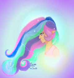 Size: 1280x1341 | Tagged: safe, artist:moondaneka, artist:moondaneka2405, imported from derpibooru, princess celestia, human, abstract background, clothes, elf ears, female, humanized, signature, solo