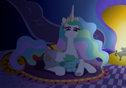 Size: 1250x875 | Tagged: safe, artist:spellboundcanvas, imported from derpibooru, princess celestia, oc, oc:azure glide, alicorn, pegasus, pony, adopted offspring, cute, cutelestia, fireplace, momlestia, pegasus oc, sleeping, snuggling, wings