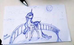 Size: 1280x771 | Tagged: safe, artist:moondaneka, artist:moondaneka2405, imported from derpibooru, princess luna, alicorn, pony, balcony, female, full moon, irl, leonine tail, lineart, looking up, mare, moon, pen, photo, raised hoof, signature, solo, traditional art