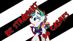 Size: 1280x720 | Tagged: safe, edit, imported from derpibooru, rarity, pony, unicorn, alternate hairstyle, anarchism, be gay do crimes, be straight do crimes, clothes, female, jacket, leather jacket, mare, meme, mouthpiece, op is a duck, op is trying to start shit, pride, pride flag, punk, raripunk, solo, straight pride flag