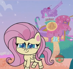 Size: 718x675 | Tagged: safe, imported from derpibooru, screencap, fluttershy, pegasus, pony, cute-pocalypse meow, my little pony: pony life, spoiler:pony life s01e03, female, g4.5, mare, solo, starbucks, sugar packet place