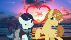 Size: 2064x1161 | Tagged: safe, imported from derpibooru, coloratura, feather bangs, beach, cloud, colorabangs, duet, female, heart, lyrics in the description, male, ocean, one eye closed, scenery, shipping, sky, smiling, song reference, straight, summer, sun, sunset, water, wave, wink, youtube link