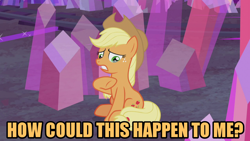 Size: 1280x720 | Tagged: safe, edit, edited screencap, editor:jaredking203, imported from derpibooru, screencap, applejack, earth pony, pony, hearthbreakers, caption, cowboy hat, female, freckles, hat, how could this happen to me, image macro, mare, meme, raised hoof, reference, simple plan, solo, song reference, stetson, teary eyes, text, untitled (song)