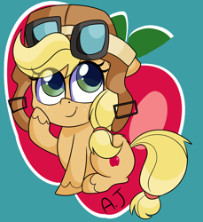 Size: 4000x4364 | Tagged: safe, artist:rainbowtashie, imported from derpibooru, applejack, earth pony, pony, how applejack got her hat back, my little pony: pony life, spoiler:pony life s01e04, aviator hat, cute, female, flyerjack, g4.5, hat, jackabetes, mare, simple background, solo, that was fast