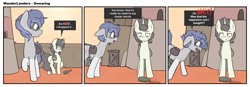 Size: 3600x1246 | Tagged: safe, artist:triplesevens, imported from derpibooru, oc, oc only, oc:short fuse, oc:triple sevens, pony, unicorn, 3 panel comic, censored vulgarity, comic, desert, duo, face paint, grawlixes, hypocritical humor, male, outdoors, outhouse, swearing, vulgar, wasteland