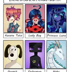 Size: 754x754 | Tagged: safe, imported from derpibooru, nightmare moon, princess luna, anthro, dog, dragon, eastern dragon, enderman, human, six fanarts, :d, :o, anthro with ponies, bust, clothes, crossover, ethereal mane, female, flower, galaxy mane, gromit, haku, kasane teto, ladybug (miraculous ladybug), male, marinette dupain-cheng, mask, minecraft, miraculous ladybug, nightmare luna, open mouth, smiling, spirited away, transformation, vocaloid