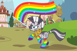 Size: 3800x2500 | Tagged: safe, alternate version, artist:oyks, imported from derpibooru, zecora, pony, zebra, bracelet, clothes, commission, cute, ear piercing, earring, female, gay pride flag, jewelry, lgbt, lgbt flag, lgbt headcanon, mouth hold, neck rings, piercing, pride, pride flag, pride month, rainbow flag, rainbow socks, raised hoof, raised leg, running, socks, solo, striped socks, ych result, zecorable