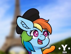 Size: 1980x1500 | Tagged: safe, artist:yelowcrom, imported from derpibooru, rainbow dash, pegasus, pony, baguette, beret, bread, clothes, eiffel tower, female, food, france, hat, mare, newbie artist training grounds, solo