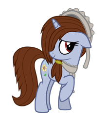 Size: 2652x2962 | Tagged: safe, artist:chomakony, imported from derpibooru, oc, oc only, oc:scarymaid, pony, unicorn, brown mane, female, floppy ears, flower, hair over one eye, head turn, horn, mare, raised hoof, red eyes, show accurate, simple background, smiling, solo, transparent background, turned head, unicorn oc