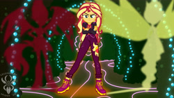 Size: 6830x3840 | Tagged: safe, artist:legendaryspider, imported from derpibooru, sunset shimmer, demon, equestria girls, equestria girls (movie), equestria girls series, friendship games, boots, clothes, confident, daydream shimmer, gloves, light and dark, motorcross, music festival outfit, shoes, show accurate, sunset satan